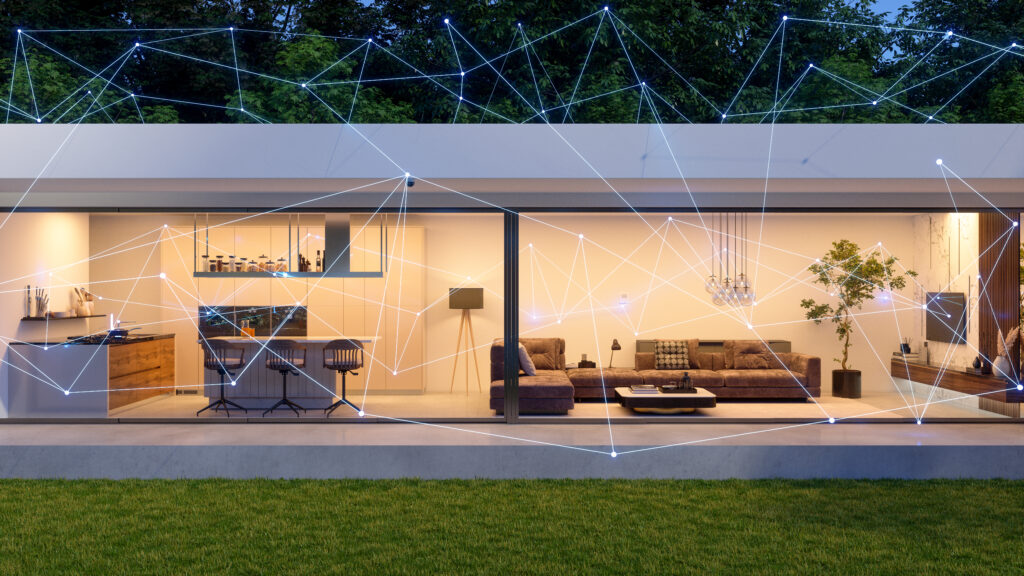 Modernes Haus mit vernetzter Smart-Home-Technologie, visualisiert durch digitale Verbindungslinien über Wohn- und Küchenbereich im Angebot von Nadira Bau AG.