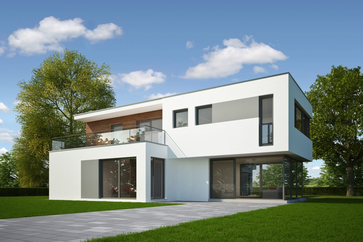 Modernes Einfamilienhaus mit grossen Fensterflächen, Schiebetüren und klaren Linien für lichtdurchflutete Räume.