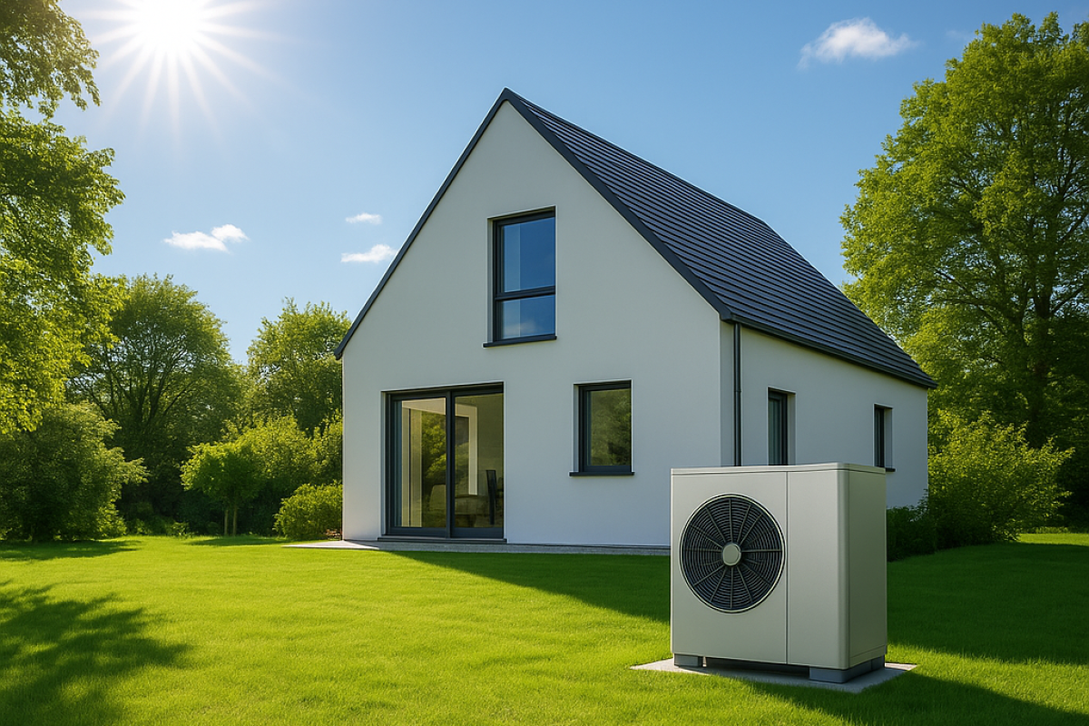 Einfamilienhaus mit moderner Luft-Wasser-Wärmepumpe im Garten für energieeffizientes und nachhaltiges Heizen.
