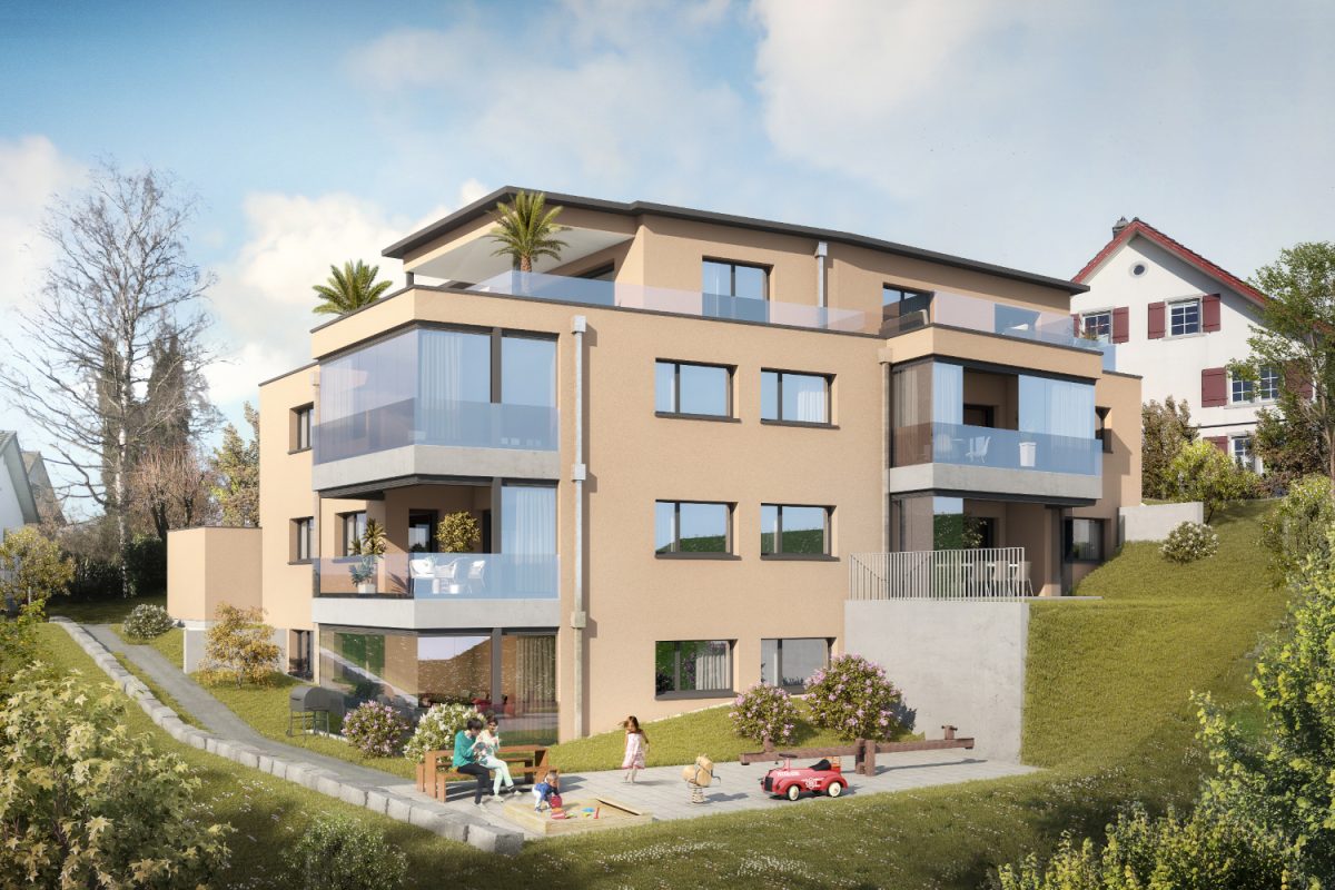 Mehrfamilienhaus mit grossen Fenstern und verglasten Balkonen für helle, moderne Wohnräume.