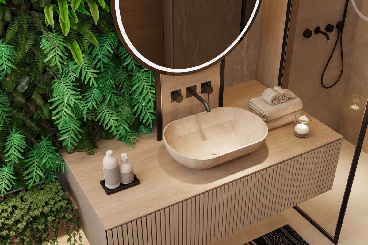 Modernes Badezimmer mit hellen Naturmaterialien, ovalem Steinlavabo und integrierter Pflanzenwand.